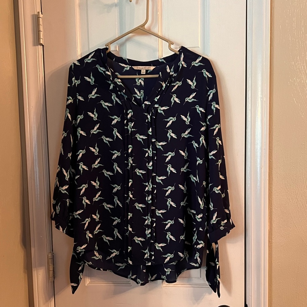 41 Hawthorn medium Navy Bird Print Blouse w/ tie sleeves from Stitch Fix